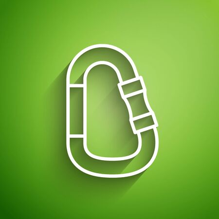 White line Carabiner icon isolated on green background. Extreme sport. Sport equipment. Vector Illustrationのイラスト素材