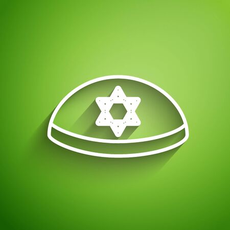 White line Jewish kippah with star of david icon isolated on green background. Jewish yarmulke hat. Vector Illustrationのイラスト素材
