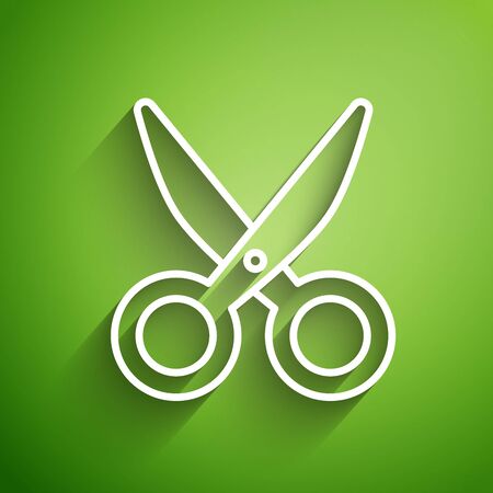White line Scissors icon isolated on green background. Cutting tool sign. Vector Illustrationのイラスト素材