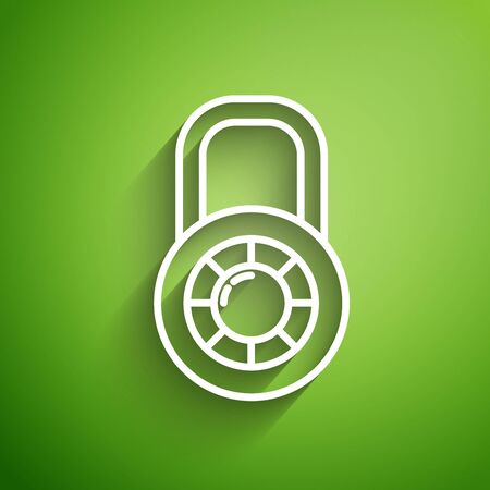 White line Safe combination lock wheel icon isolated on green background. Combination padlock. Security, safety, protection, password, privacy. Vector Illustrationのイラスト素材