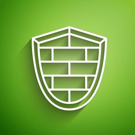 White line Shield with cyber security brick wall icon isolated on green background. Data protection symbol. Firewall logo. Network protection. Vector Illustrationのイラスト素材