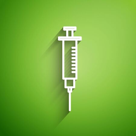 White line Syringe icon isolated on green background. Syringe for vaccine, vaccination, injection, flu shot. Medical equipment. Vector Illustrationのイラスト素材