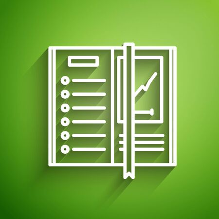 White line Notebook icon isolated on green background. Spiral notepad icon. Writing pad. Diary for business. Notebook cover design. Vector Illustrationのイラスト素材