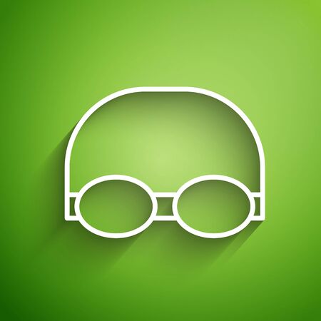 White line Glasses and cap for swimming icon isolated on green background. Swimming cap and goggles. Diving underwater equipment. Vector Illustrationのイラスト素材
