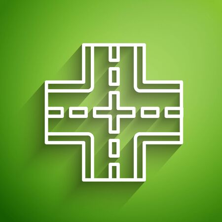 White line Road traffic sign. Signpost icon isolated on green background. Pointer symbol. Isolated street information sign. Direction sign. Vector Illustrationのイラスト素材