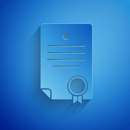 Paper cut Certificate template icon isolated on blue background. Achievement, award, degree, grant, diploma. Business success certificate. Paper art style. Vector Illustrationのイラスト素材