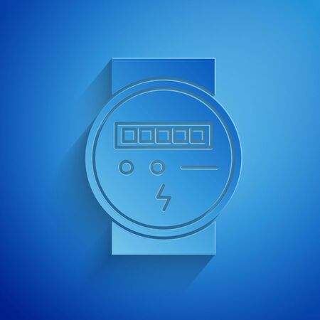 Paper cut Electric meter icon isolated on blue background. Paper art style. Vector Illustrationのイラスト素材