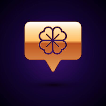 Gold Four leaf clover in speech bubble icon isolated on dark blue background. Happy Saint Patrick day. Vector Illustrationのイラスト素材