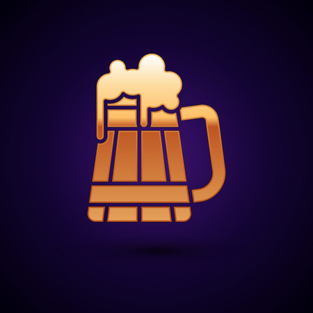 Gold Wooden beer mug icon isolated on dark blue background.  Vector Illustrationのイラスト素材