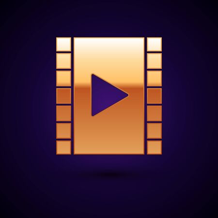 Gold Play Video icon isolated on dark blue background. Film strip with play sign. Vector Illustrationのイラスト素材