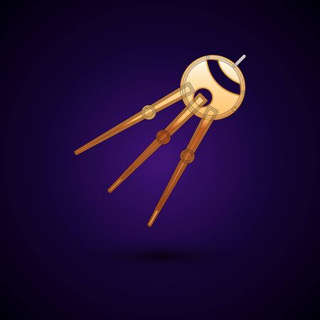 Gold Satellite icon isolated on dark blue background. Vector Illustrationのイラスト素材
