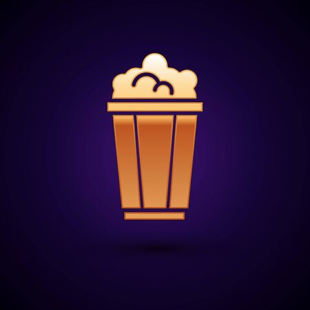 Gold Popcorn in cardboard box icon isolated on dark blue background. Popcorn bucket box. Vector Illustrationのイラスト素材