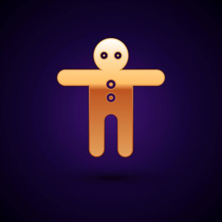 Gold Holiday gingerbread man cookie icon isolated on dark blue background. Cookie in shape of man with icing.  Vector Illustrationのイラスト素材