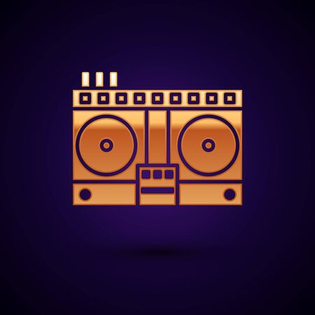 Gold DJ remote for playing and mixing music icon isolated on dark blue background. DJ mixer complete with vinyl player and remote control. Vector Illustrationのイラスト素材
