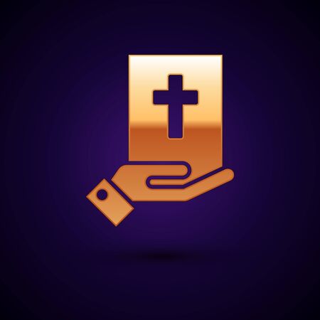 Gold Oath on the Holy Bible icon isolated on dark blue background. The procedure in court. Truth and truth. Promise before god. Vector Illustrationのイラスト素材