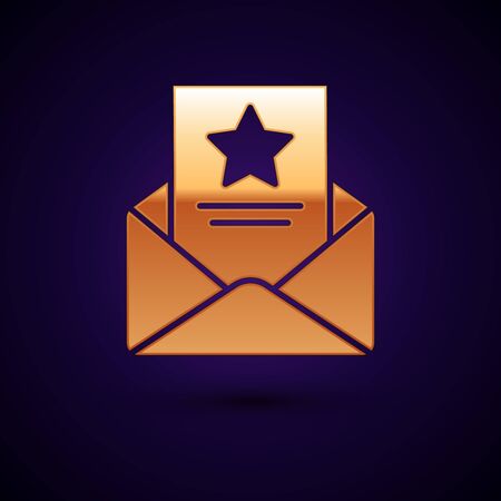 Gold The arrest warrant icon isolated on dark blue background. Police badge with document. Warrant, police report, subpoena. Justice concept. Vector Illustrationのイラスト素材