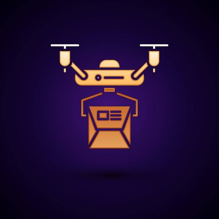 Gold Drone delivery concept icon isolated on dark blue background. Quadrocopter carrying a package. Transportation, logistic concept. Vector Illustrationのイラスト素材
