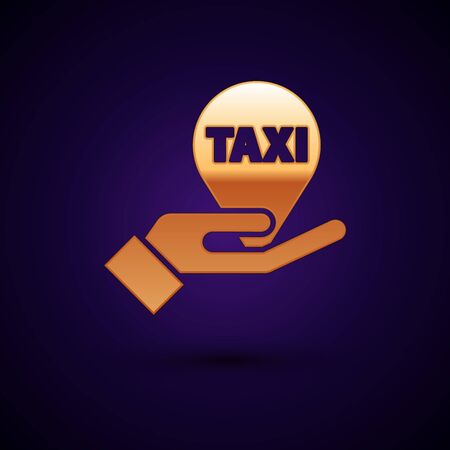 Gold Hand on map pointer with taxi icon isolated on dark blue background. Location symbol. Vector Illustrationのイラスト素材