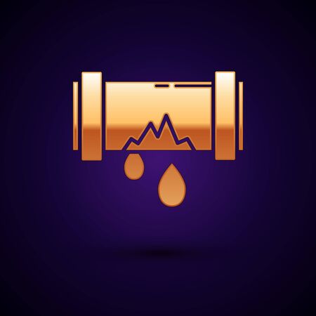 Gold Broken metal pipe with leaking water icon isolated on dark blue background. Vector Illustrationのイラスト素材