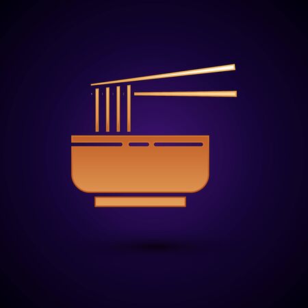 Gold Asian noodles in bowl and chopsticks icon isolated on dark blue background. Street fast food. Korean, Japanese, Chinese food. Vector Illustrationのイラスト素材