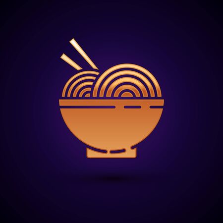 Gold Asian noodles in bowl and chopsticks icon isolated on dark blue background. Street fast food. Korean, Japanese, Chinese food. Vector Illustrationのイラスト素材