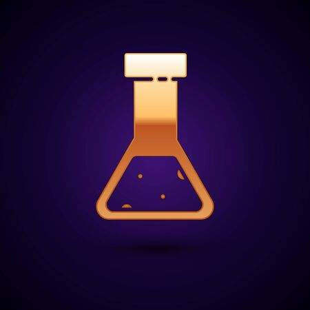 Gold Test tube and flask chemical laboratory test icon isolated on dark blue background. Laboratory glassware sign. Vector Illustrationのイラスト素材