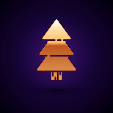 Gold Christmas tree icon isolated on dark blue background. Merry Christmas and Happy New Year. Vector Illustrationのイラスト素材