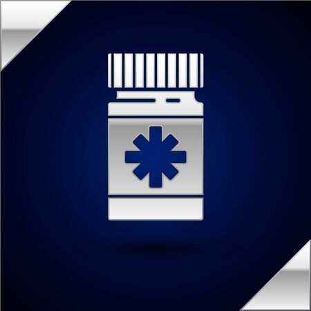 Silver Dog medicine bottle and pills icon isolated on dark blue background. Container with pills. Prescription medicine for animal. Vector Illustrationのイラスト素材