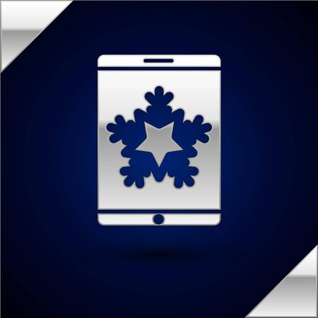 Silver Merry Christmas on smartphone and snowflake icon isolated on dark blue background. Happy New Year. Vector Illustrationのイラスト素材