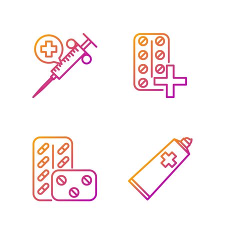 Set line Ointment cream tube medicine, Pills in blister pack, Medical syringe with needle and Pills in blister pack. Gradient color icons. Vectorのイラスト素材