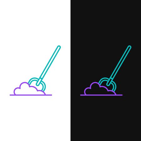 Green and purple line Shovel in the ground icon isolated on white and black background. Gardening tool. Tool for horticulture, agriculture, farming.  Vector Illustrationのイラスト素材