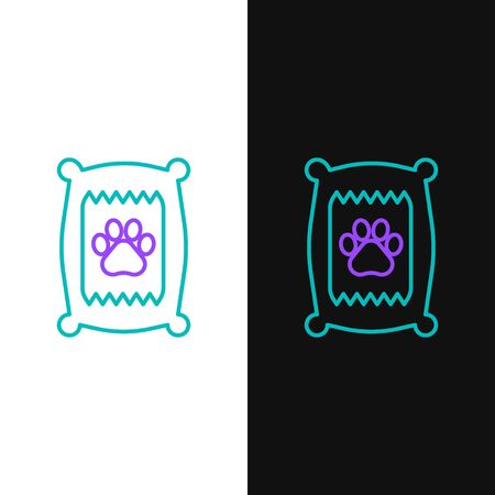 Green and purple line Bag of food for dog icon isolated on white and black background. Dog or cat paw print. Food for animals. Pet food package. Vector Illustrationのイラスト素材