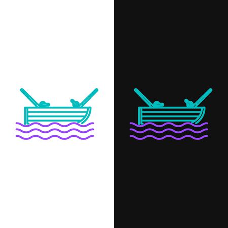 Green and purple line Fishing boat with fishing rod on water icon isolated on white and black background. Vector Illustrationのイラスト素材