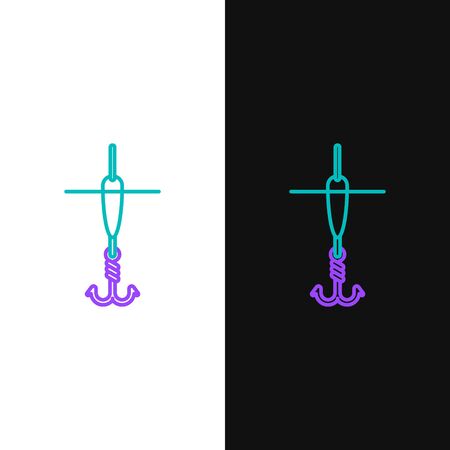 Green and purple line Fishing hook and float icon isolated on white and black background. Fishing tackle.  Vector Illustrationのイラスト素材