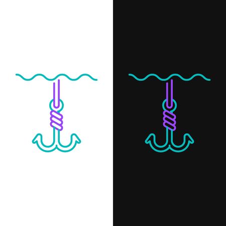 Green and purple line Fishing hook under water icon isolated on white and black background. Fishing tackle.  Vector Illustrationのイラスト素材