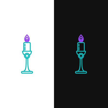 Green and purple line Burning candle in candlestick icon isolated on white and black background. Old fashioned lit candle. Cylindrical candle stick with burning flame. Vector Illustrationのイラスト素材