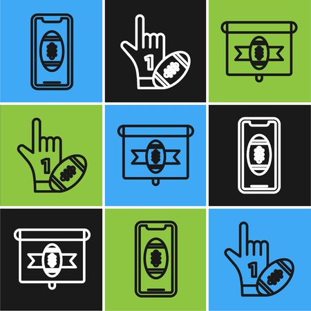 Set line Smartphone with american football ball on the screen, American football on tv program and Number 1 one fan hand glove with finger raised and american football ball icon. Vectorのイラスト素材