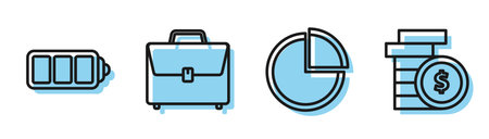 Set line Pie chart infographic, Battery charge level indicator, Briefcase and Coin money with dollar symbol icon. Vectorのイラスト素材