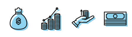 Set line Money on hand, Money bag, Pie chart infographic and coin and Stacks paper money cash icon. Vectorのイラスト素材