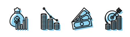 Set line Stacks paper money cash, Money bag and diagram graph, Pie chart infographic and coin and Target with coin symbol icon. Vectorのイラスト素材