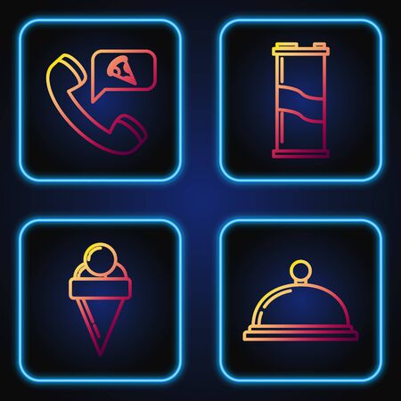 Set line Covered with a tray of food, Ice cream in waffle cone, Food ordering pizza and Soda can. Gradient color icons. Vectorのイラスト素材