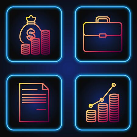 Set line Pie chart infographic and coin, Document, Money bag and coin and Briefcase. Gradient color icons. Vectorのイラスト素材
