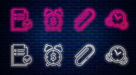 Set line Alarm clock with dollar symbol, Paper clip, Document and check mark and Time Management. Glowing neon icon on brick wall. Vectorのイラスト素材