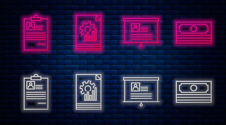 Set line Document with graph chart, Board with resume, Clipboard with resume and Stacks paper money cash. Glowing neon icon on brick wall. Vectorのイラスト素材