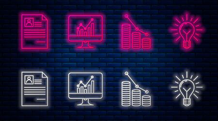 Set line Computer monitor with graph chart, Pie chart infographic and coin, Resume and Light bulb with rays shine and concept of idea. Glowing neon icon on brick wall. Vectorのイラスト素材