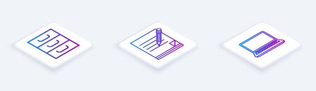 Set Isometric line Drawer with documents, Blank notebook and pencil with eraser and Laptop. White square button. Vectorのイラスト素材