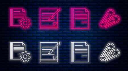 Set line Blank notebook and pen, File document, Document settings with gears and Paper clip. Glowing neon icon on brick wall. Vectorのイラスト素材