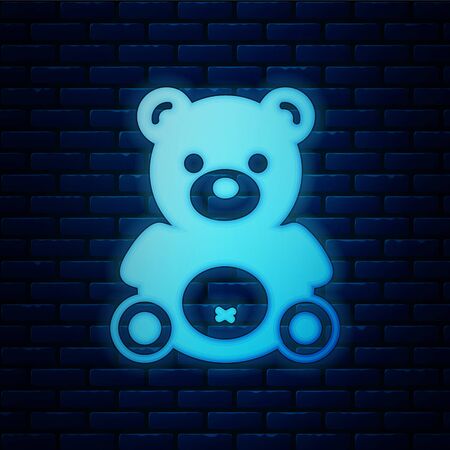 Glowing neon Teddy bear plush toy icon isolated on brick wall background.  Vector Illustrationのイラスト素材