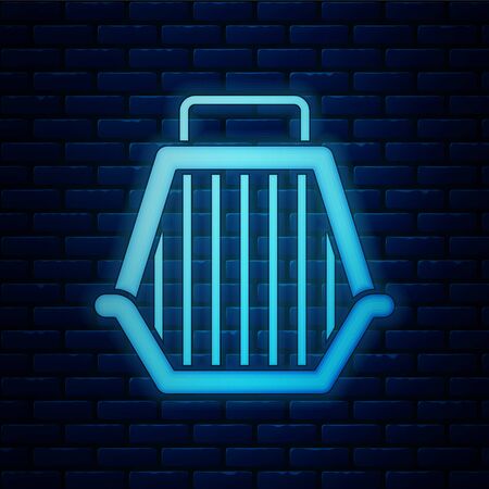 Glowing neon Pet carry case icon isolated on brick wall background. Carrier for animals, dog and cat. Container for animals. Animal transport box. Vector Illustrationのイラスト素材