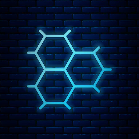 Glowing neon Chemical formula consisting of benzene rings icon isolated on brick wall background. Vector Illustrationのイラスト素材